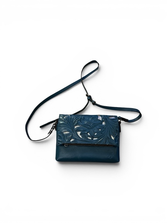 Patricia Nash Handbags - Patricia Nash Teal Floral Tooled Leather Crossbody Bag, missing zipper pull.